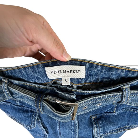 Pixie Market AR Denim Cargo Pocket Mini Skirt Sz S Blue Belted A-Line Y2K - Picture 9 of 12